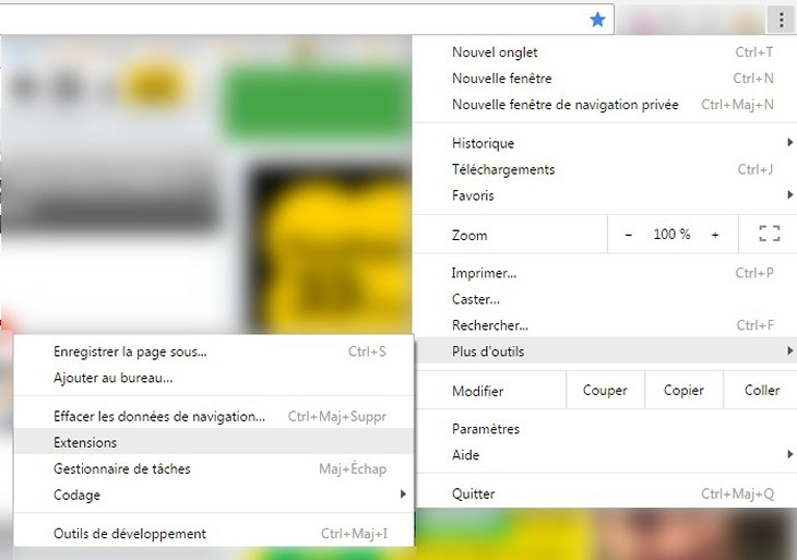 Ici, le menu sur Google Chrome-
